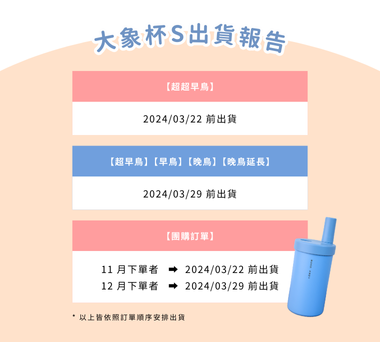 【出貨時程通知】大象杯S預購商品出貨進度說明